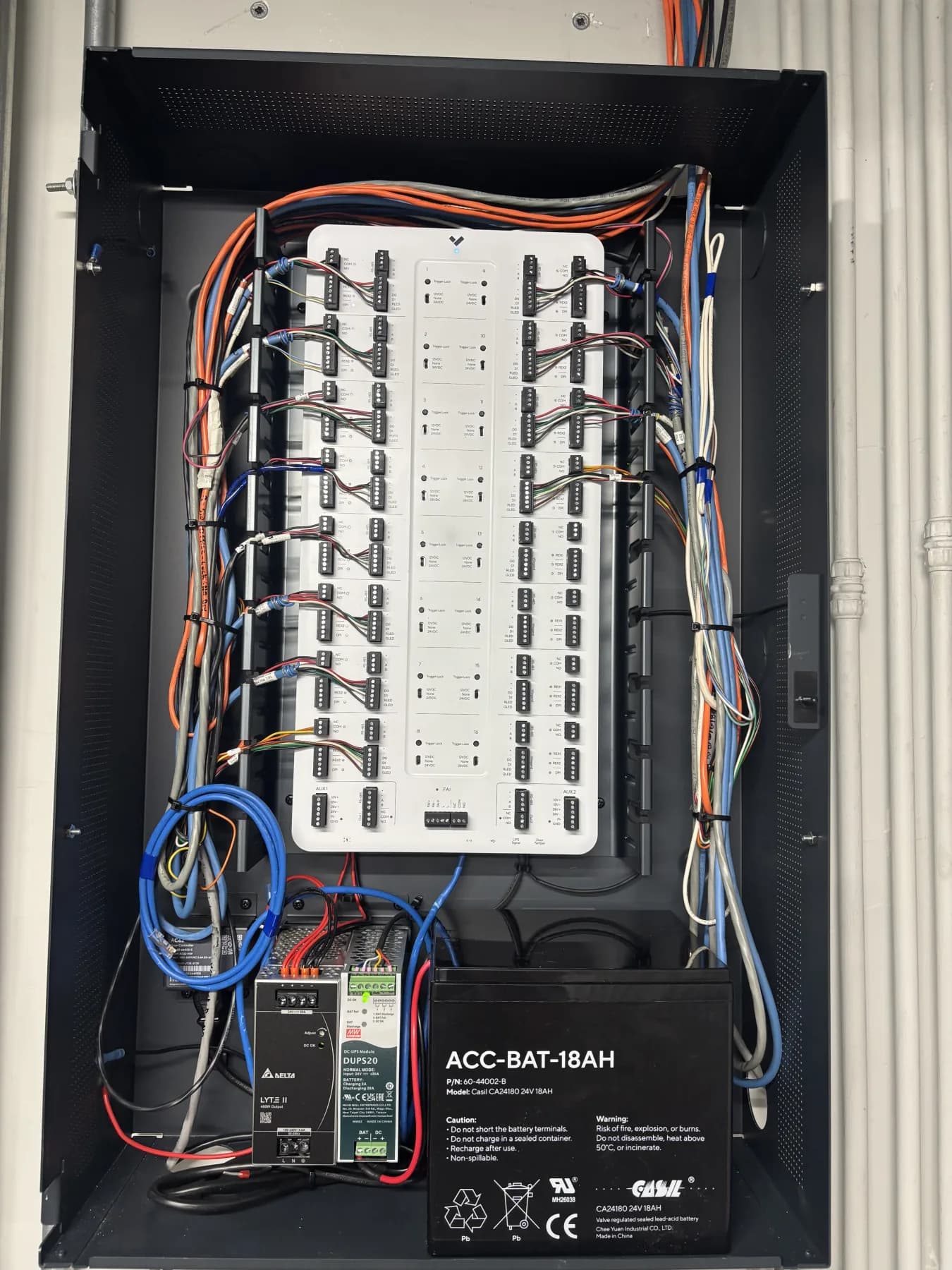 Access-control controller cabinet with organized field wiring and backup battery