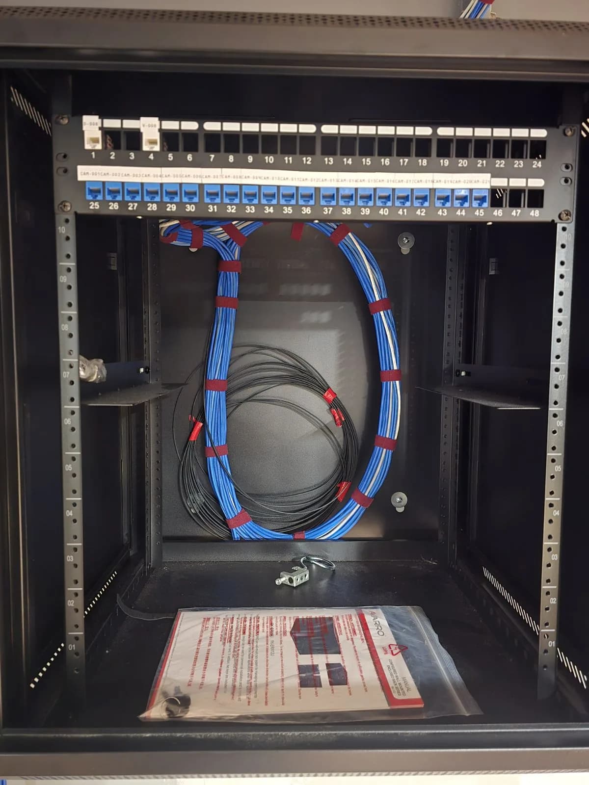 Structured cabling terminated in a patch panel with organized copper and fiber service loops